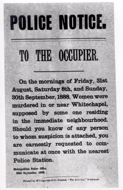 Aviso policial al ocupante relacionado con los asesinatos en Whitechapel, 30 de septiembre de 1888 de English School